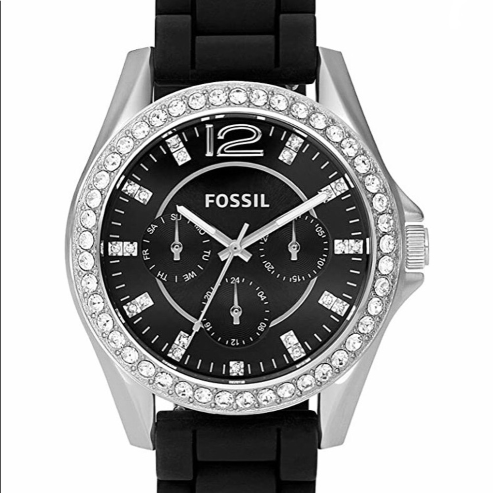Fossil Black Silicone Band Glitz Analog Dial Watch